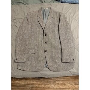 Vintage Harris Tweed Coat Blazer 44R Hector James England Gray Herringbone Wool